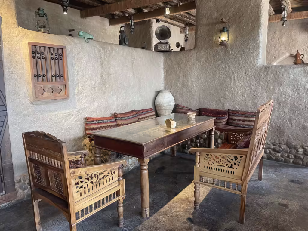 Seating area in Dukanah restaurant in Muscat, Oman