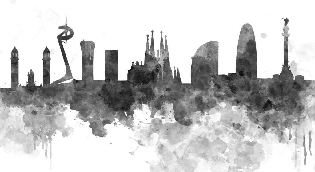 Black and white watercolour of Barcelona Skyline