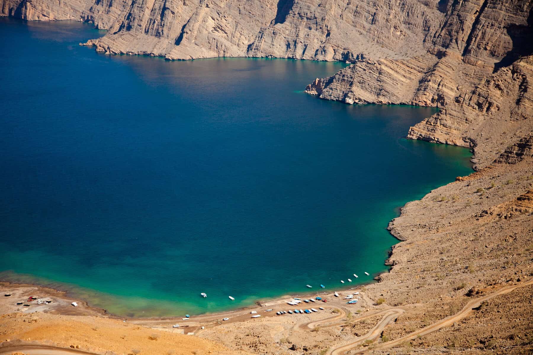 A fjord with its turquoise waters in Musandam, Oman