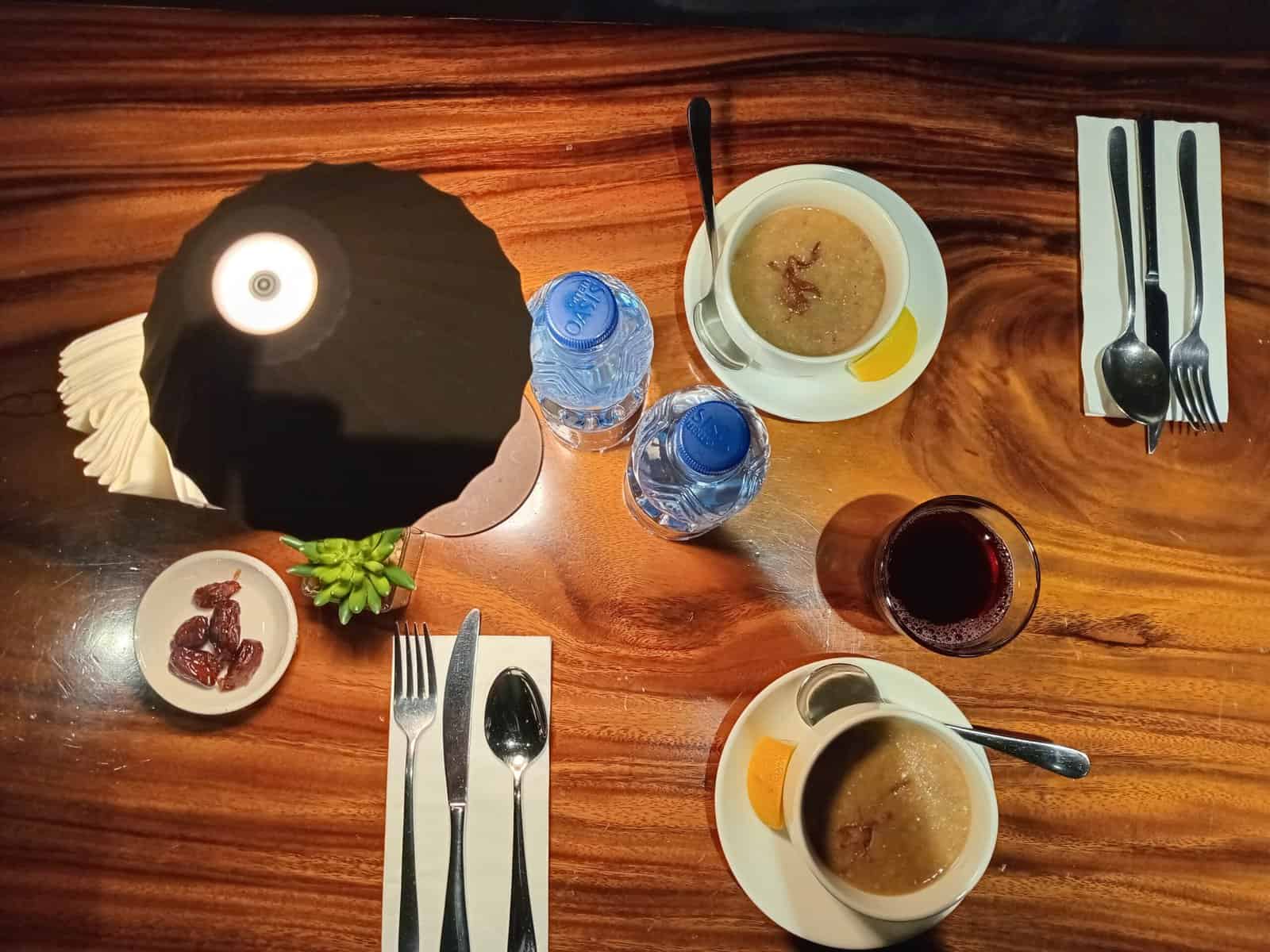Iftar often starts with dates and laban (liquid yoghurt). It is then followed by soup.