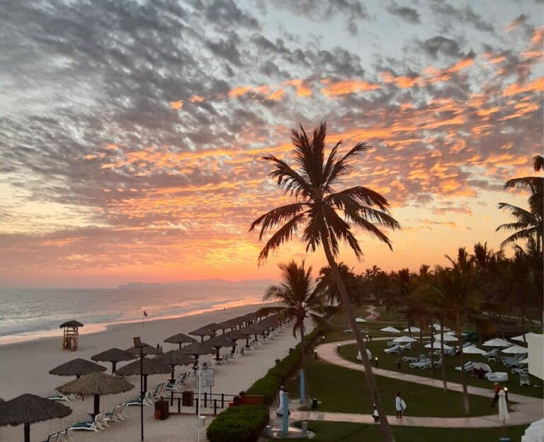 Sunset over a tropical beach with palm trees and vibrant orange clouds. The shoreline is lined with sunbeds and thatched umbrellas. A lush, grassy area with pathways is to the right. People are seen strolling along the paths.