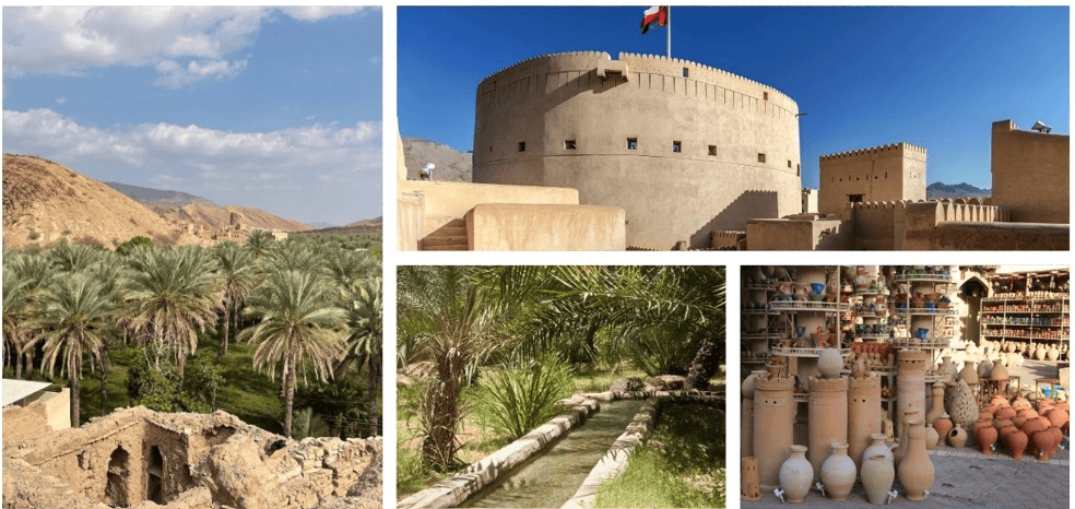 Birkat al Mouz village and falaj as well as Nizwa Fort and Souq
