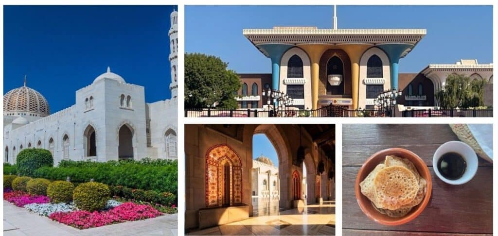 Mixture of pictures showing Sultan Qaboos Grand Mosque, Alam Palace and traditional Omani breakfast