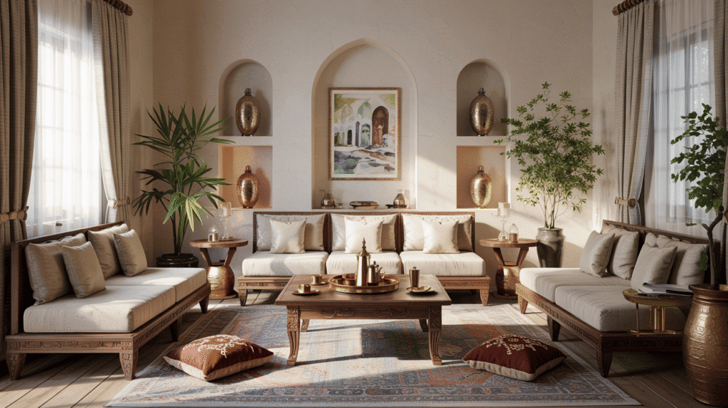 A luxurious Omani-style Majlis interior. The room features low, plush seating in warm beige and ivory tones arranged in a U-shape on a large Persian rug.