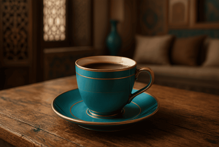 coffee in a turquoise cup