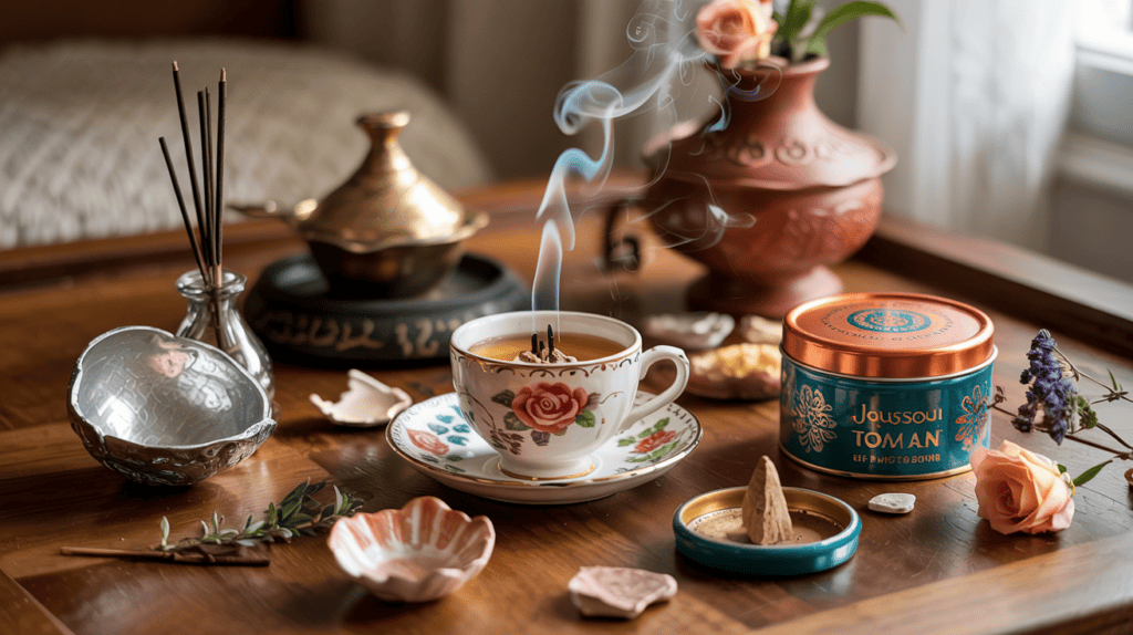 A collection of beautifully styled frankincense burners arranged on a warm wooden table in soft natural light. Include a rose-patterned vintage teacup with smoke rising, a small tagine with the lid ajar, a beach shell lined with foil, a terracotta flower pot, and a colorful Omani-style spice tin. Scatter pebbles, ceramic shards, and a few sprigs of herbs or dried flowers between the burners