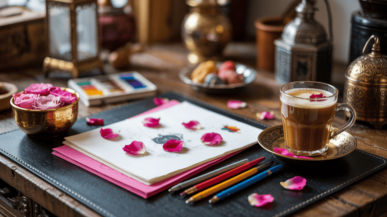 watercolour paper with rose petals on a wooden desk.