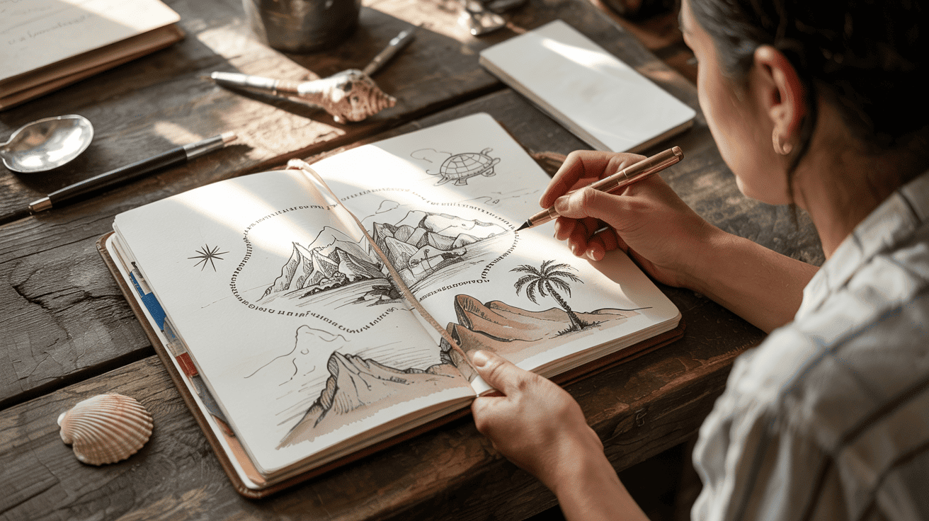 woman drawing an imaginary map in her sketchbook