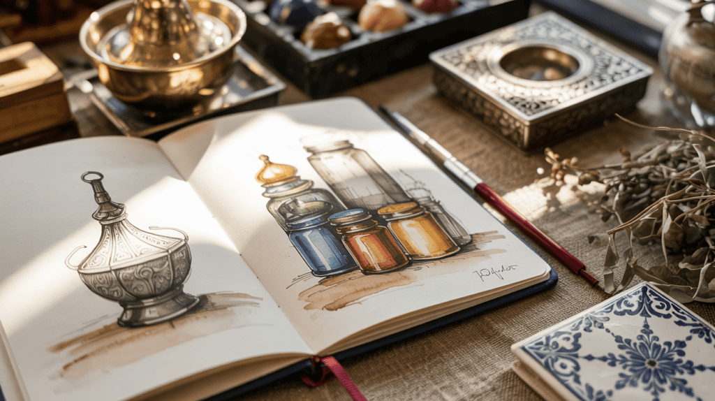 An open sketchbook showing delicate pencil and watercolor sketches of market finds: a silver incense burner, stacked spice jars, embroidered fabric, and a small brass lamp. Each item has a tiny handwritten note beside it. Around the sketchbook are real market touches: a woven basket edge, strands of dried herbs, and sunlight filtering across patterned tiles. Feminine, richly textured, warm-toned and realistic with a Middle Eastern market atmosphere.