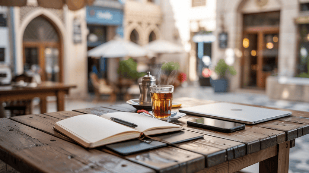 a sketchbook next to a cell phone and a laptop. All of these placed on a table in an Arabic cafe.