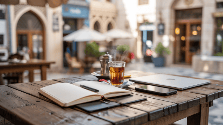 a sketchbook next to a cell phone and a laptop. All of these placed on a table in an Arabic cafe.