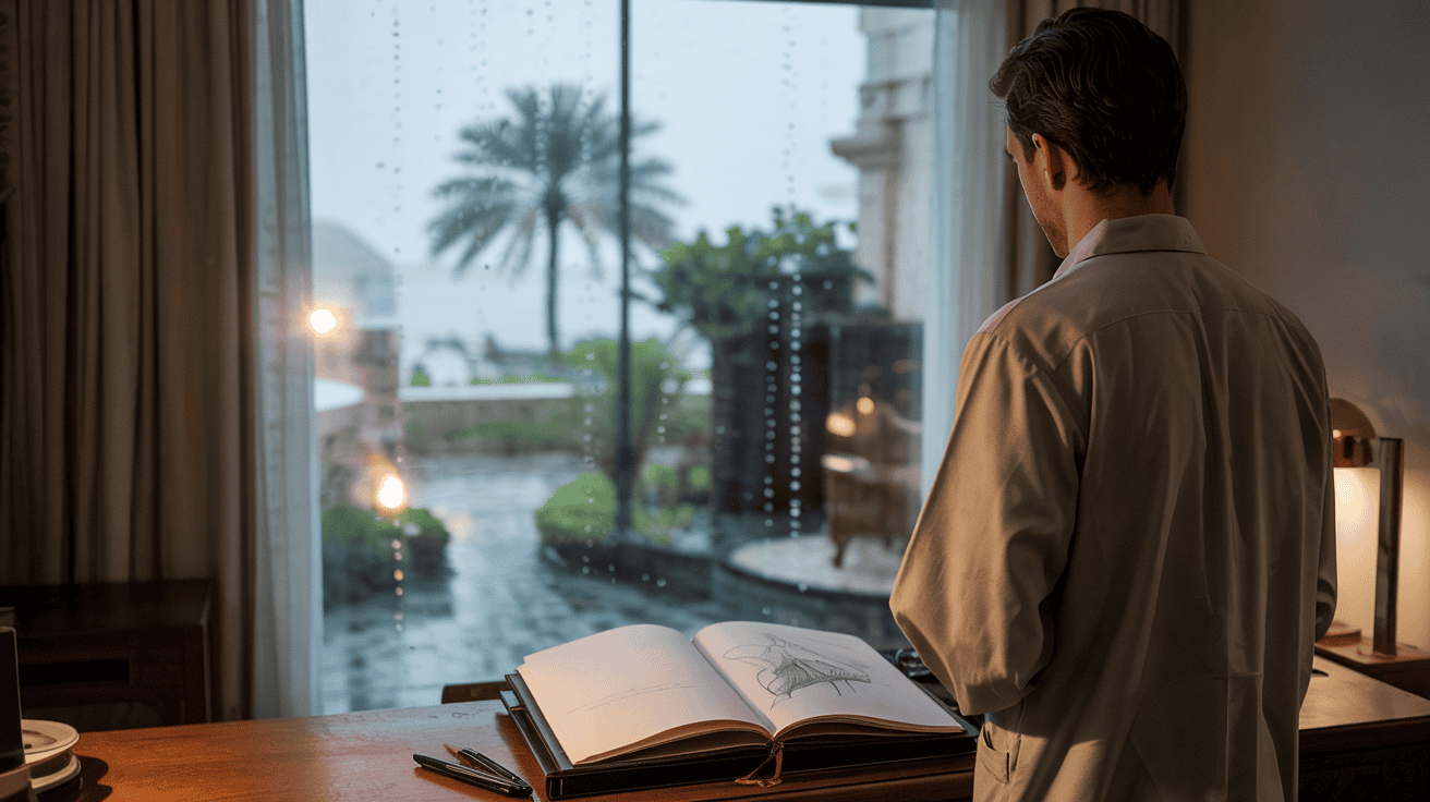 man standing in a hotel room with a desk in front of him. There is a palm tree and rain visible through the window.