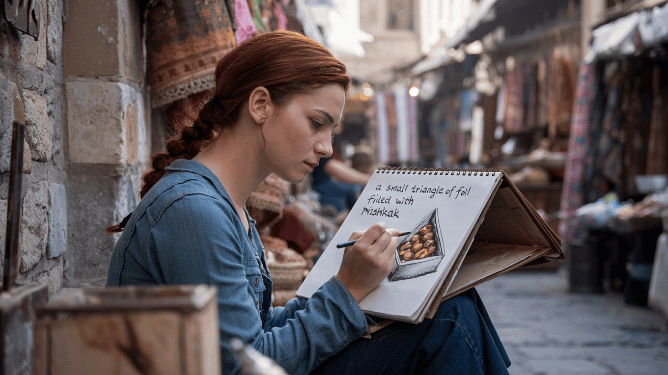 woman drawing food in a sketchbook.