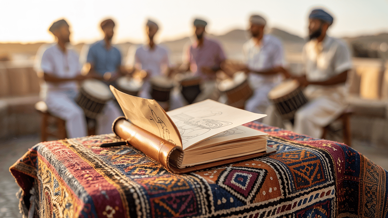 Sketchbook open on a Middle Eastern rug with Omani men playing drums in the distance.