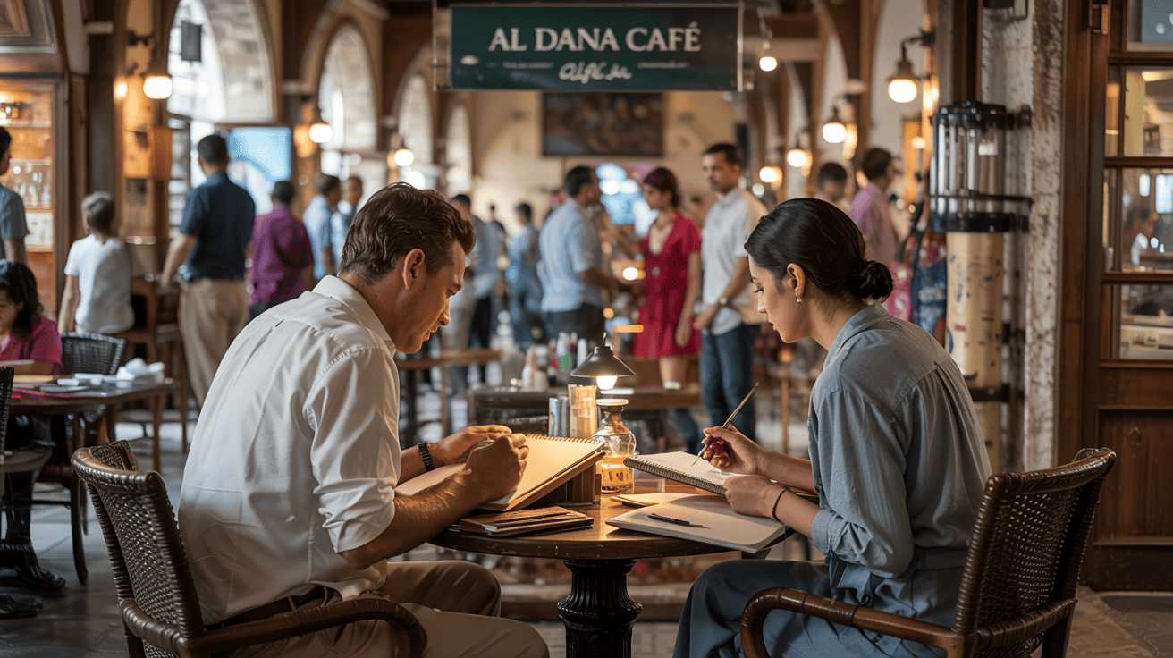Two people drawing in a cafe while people walk around.