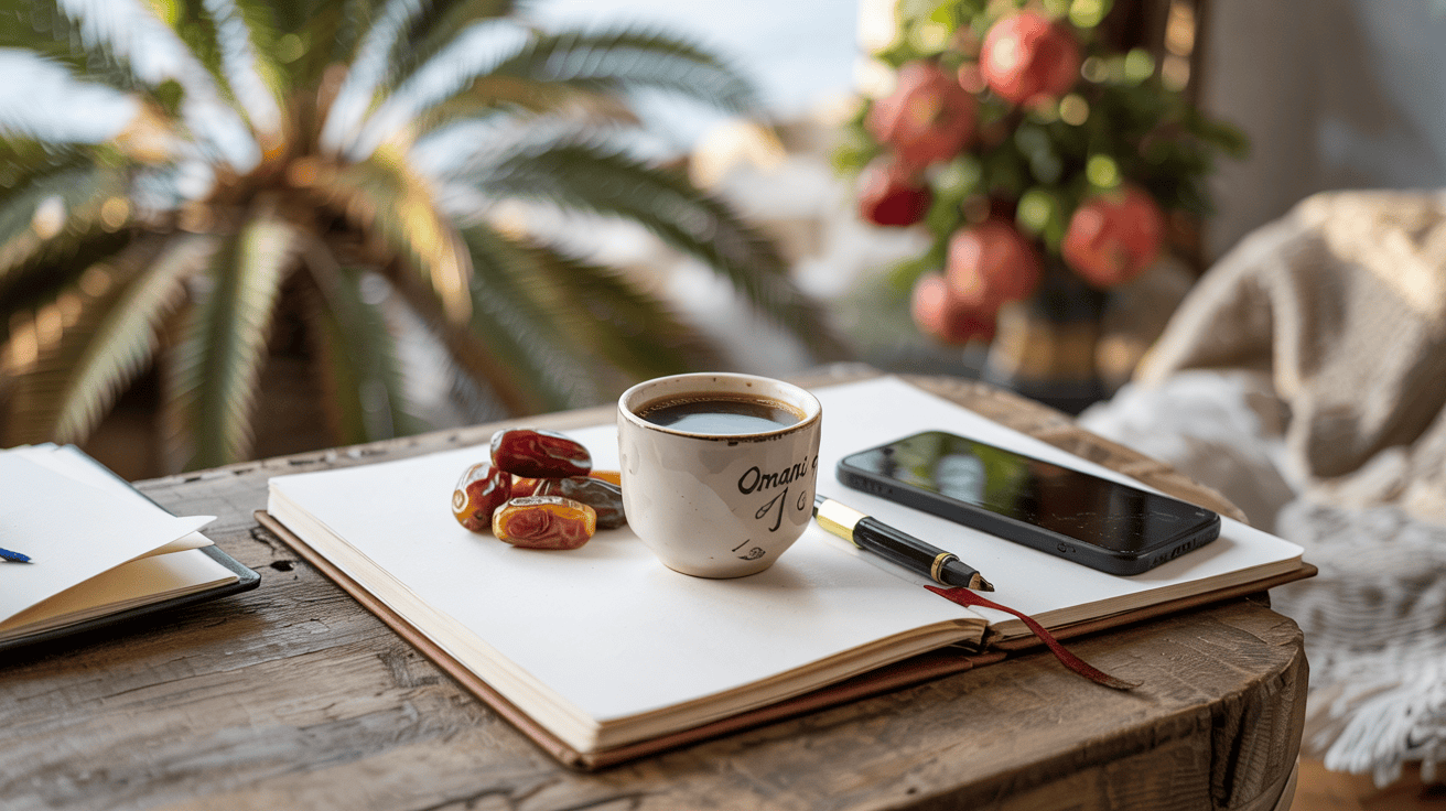 A sketchbook page. The sketchbook lies on a table with date palms and pomegranates in the background. Nearby, a pen and a cup of Arabic coffee. Golden hour light with gentle shadows and soft, textured surroundings.