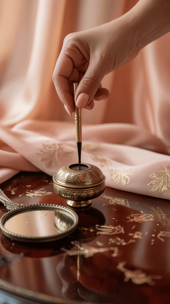 a traditional kohl applicator above a decorative tin. Background includes a small mirror, henna designs, and soft fabrics. Feminine, vintage Middle Eastern vanity feel.