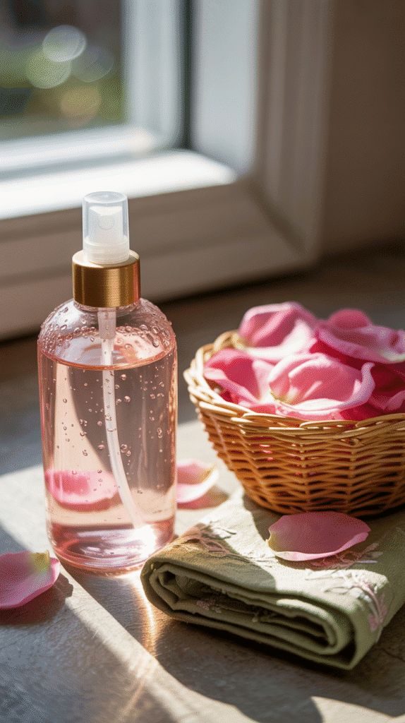 A mist bottle with condensation, sitting beside a bowl of fresh Damask rose petals. Gentle sunlight through a window. Background includes a folded embroidered cloth. Feminine, soft, and clean.