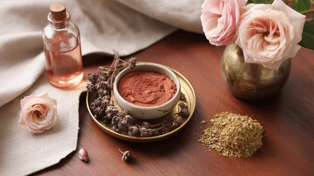 A feminine flat lay showing natural Arabic beauty ingredients including frankincense, rosewater, henna, and clay, styled with soft textiles and warm lighting. Represents traditional Middle Eastern skincare and ancient Arabic beauty rituals using natural ingredients.