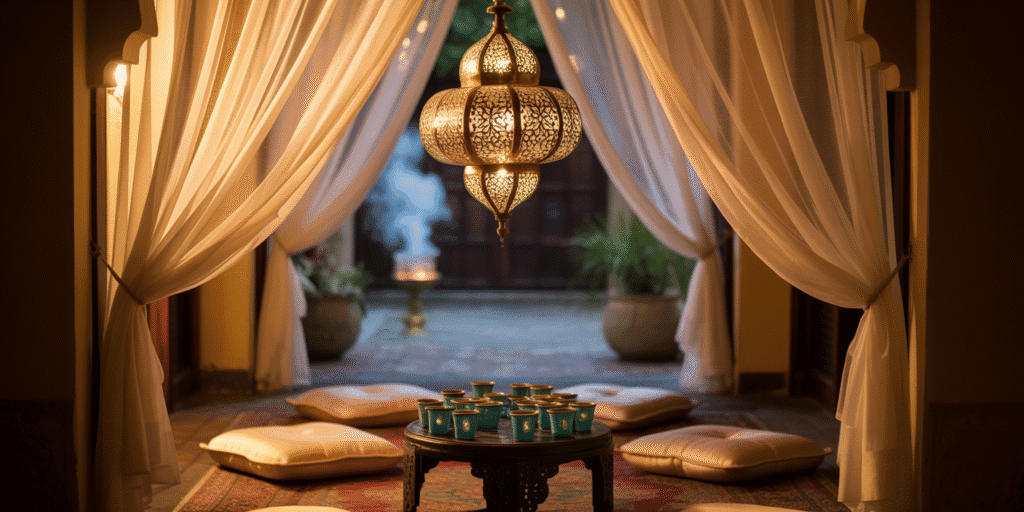 A warm, inviting entrance scene for an Arabian Nights dinner party. The entrance is framed by sheer, flowing curtains