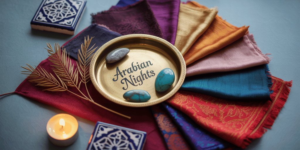 A carefully arranged flat lay featuring a rich, jewel-toned color palette. Include deep purple, warm gold, intense indigo, lush red, and hints of turquoise and peacock green. Layer fabric swatches in these colors, along with brass accents like small candle holders or decorative trays. 