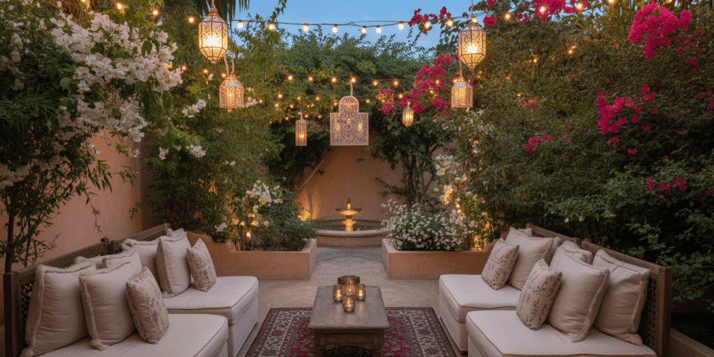 A simple and small garden in the evening with fairy lights and arabic decoration