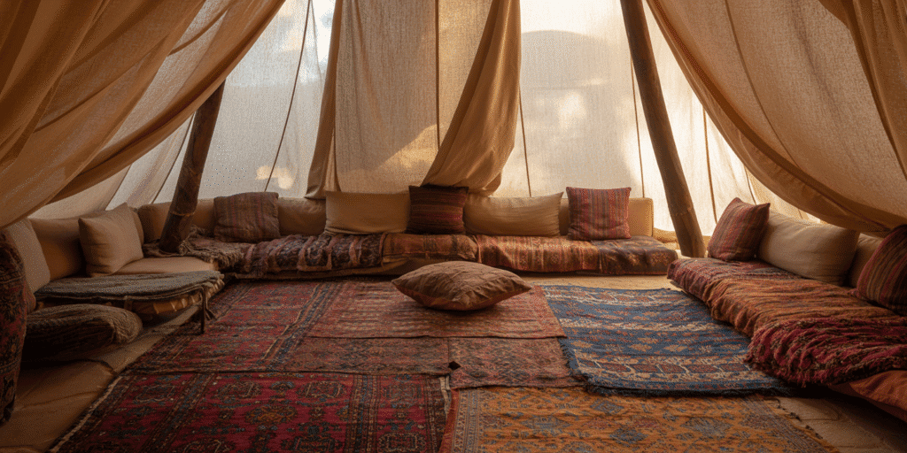 An inviting lounge setup inspired by a Bedouin camp in the Wahiba Sands. Thick, richly patterned Persian rugs are layered over one another, creating a cozy, textured base. Scattered around the rugs are plush, overstuffed floor cushions