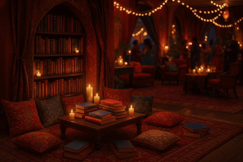 A cosy book Nook set within an Arabic-style lounge set up for an Arabian Nights Dinner Party.