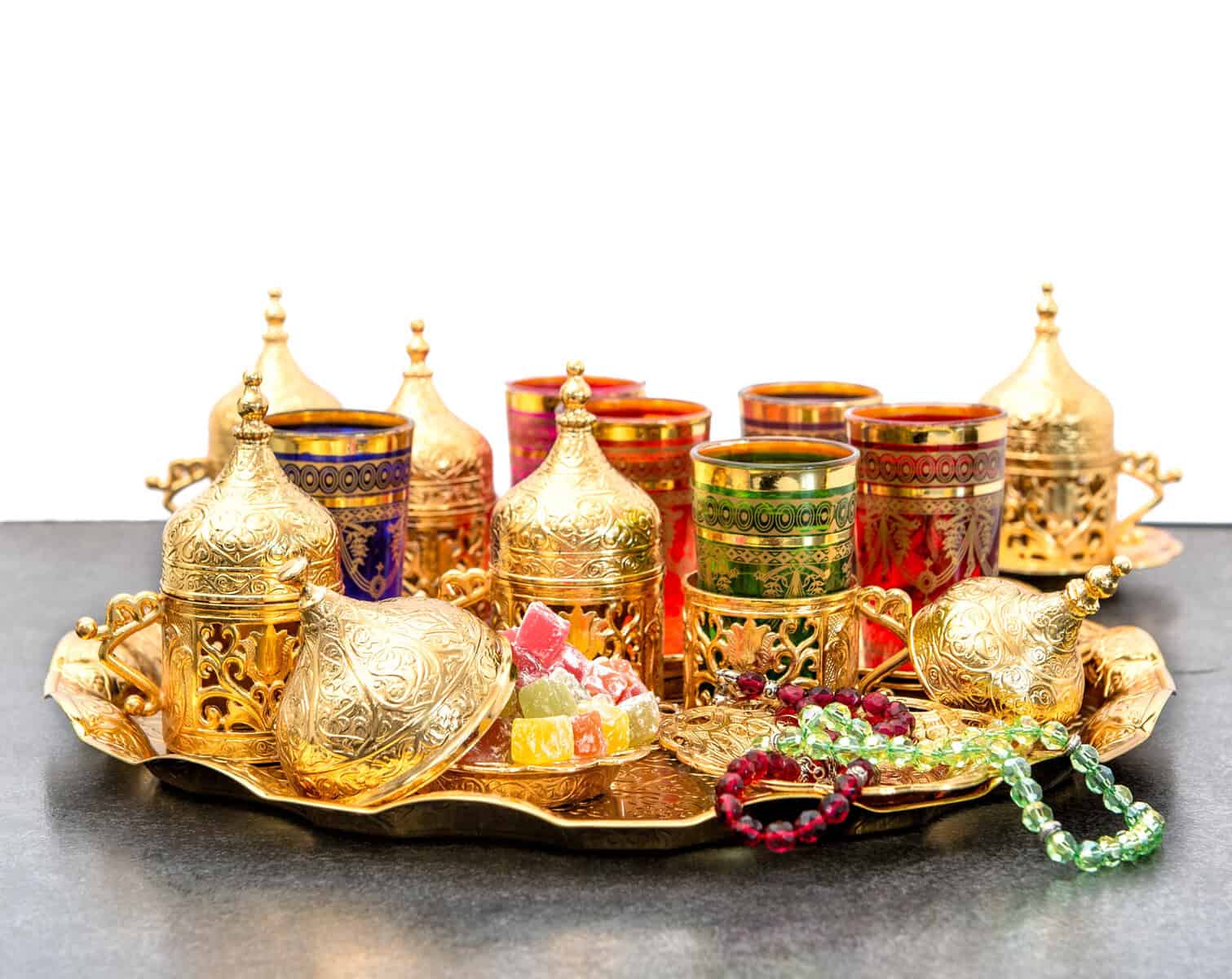Colourful glasses on an Arabic-style tray