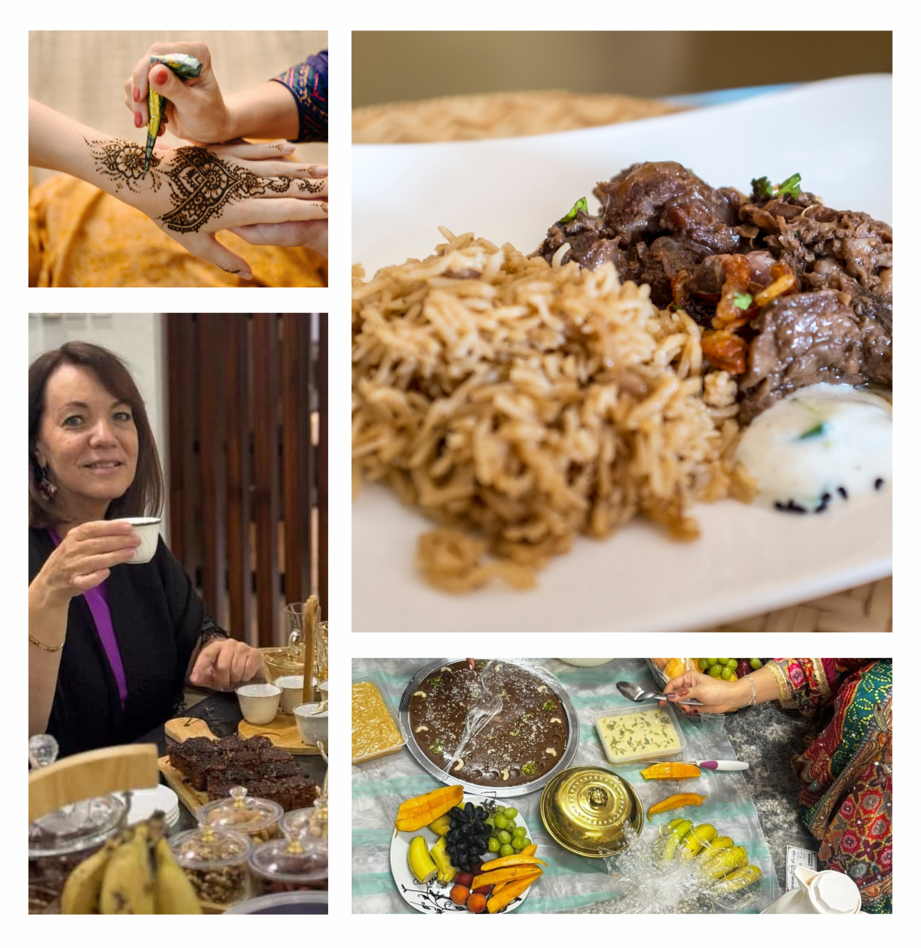Eid al-Fitr celebrations in Oman include eating Shuwa and women getting their hands decorated with henna.