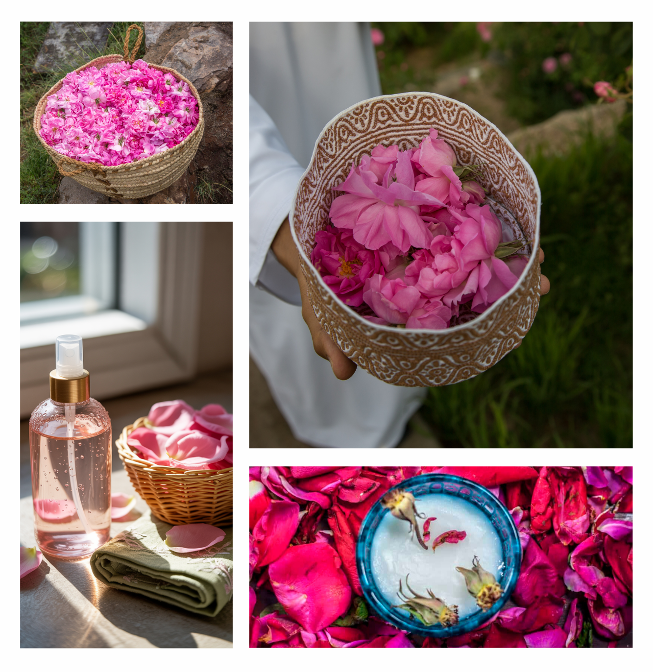 A collage of four photos capturing the Omani rose harvest on Jebel Akhdar, showing baskets of pink petals, a traditional kumma hat filled with roses, a bottle of rosewater, and a bowl of milk surrounded by petals