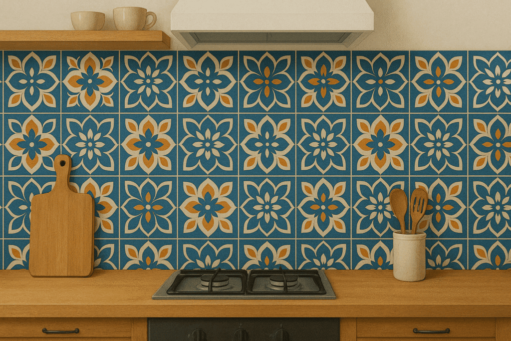 kitchen backsplash illustration using tiles with Arabic-inspired design