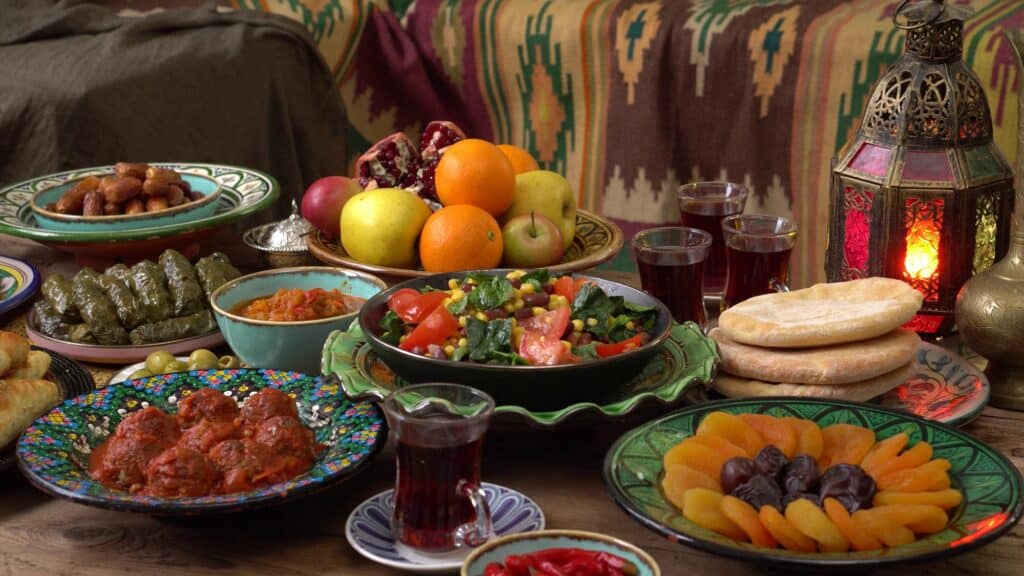 Arabic food served on ceramic traditional dishes
