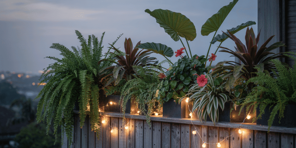 A few low-lying tropical plants on a balcony. fairy lights and the lighting should be the evening. 