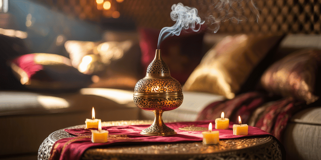 Arabian nights party with candles and frankincense burning in a warm setting