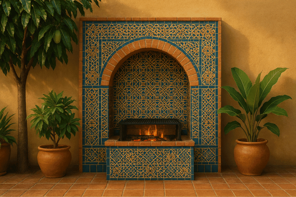 An outdoor barbecue area with a traditional Arabic-style fireplace, framed with vibrant tiles in deep green, warm terracotta, and mustard yellow.