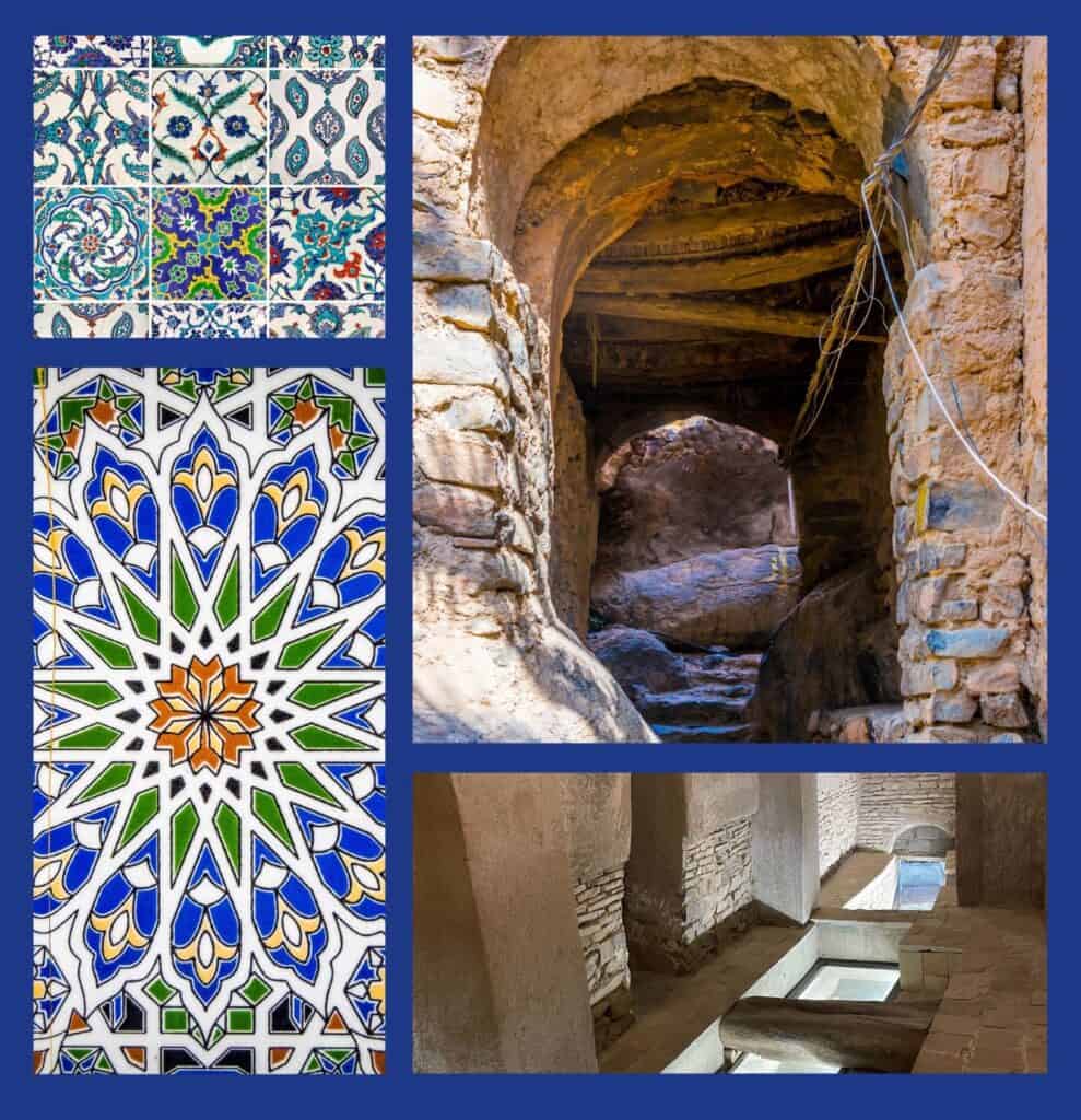 A collage of mosaics, mud-brick door and interior falaj feature