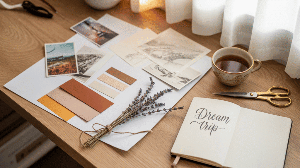 A flat lay of a creative workspace showing a half-finished travel moodboard