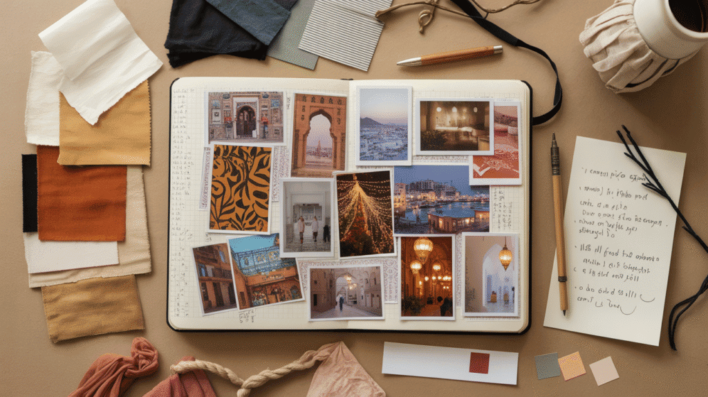 A top-down view of a sketchbook or collage layout showing a travel moodboard being created.