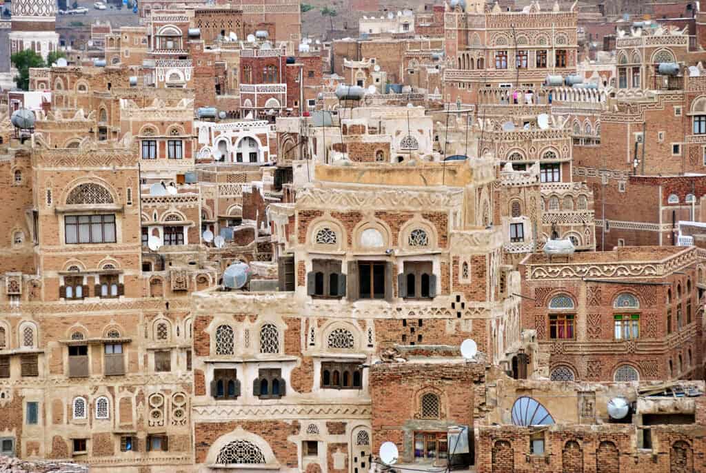 View on the old Sana'a with its brown and beige tall houses