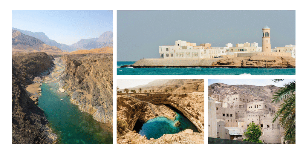 Combination of photographs from Oman illustrating the main colour scheme in the country.