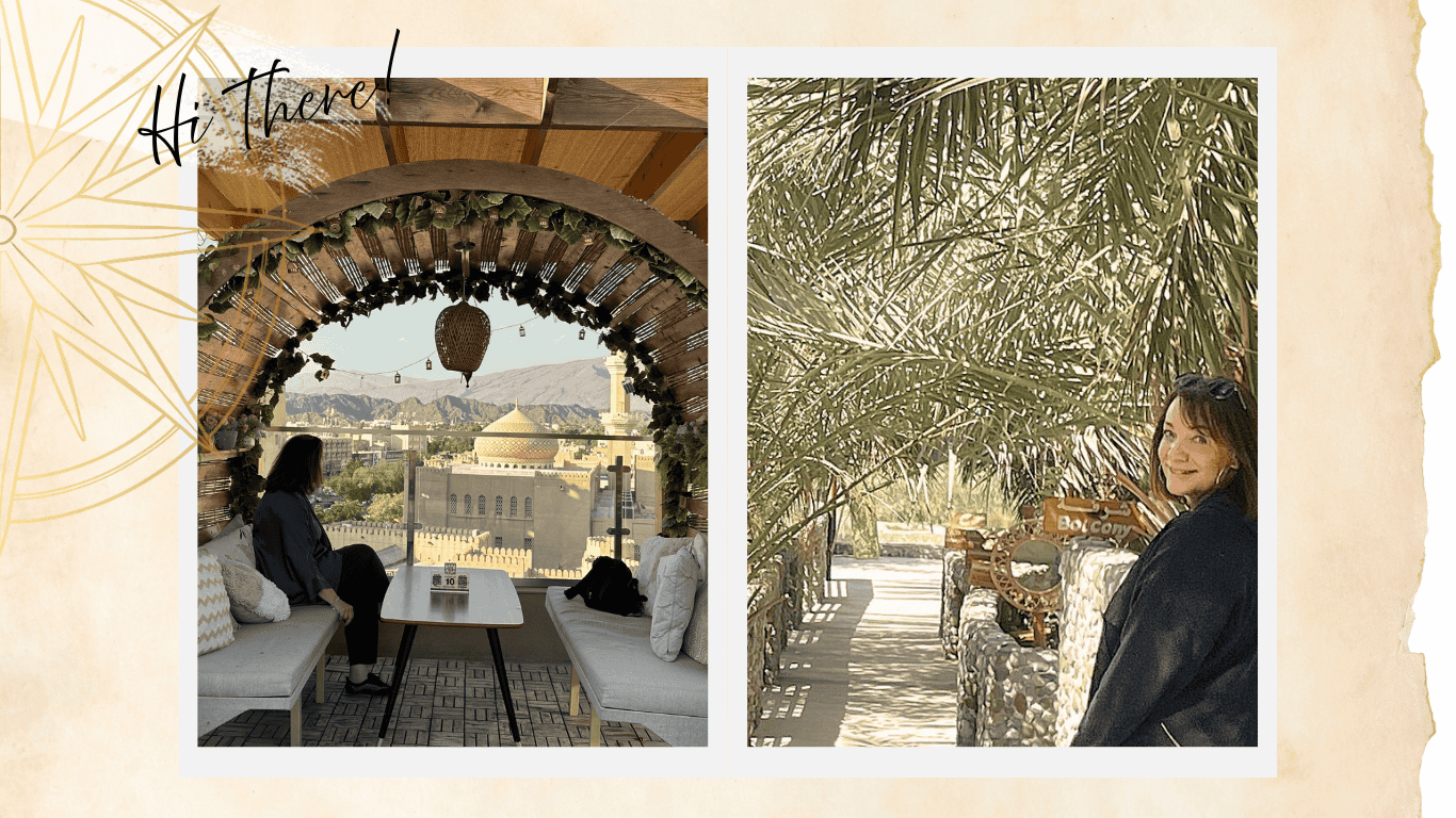 Hero section for Joussour to Oman showing Christine, the founder of the blog, in Nizwa and standing next to a bridge in Fanja, Oman