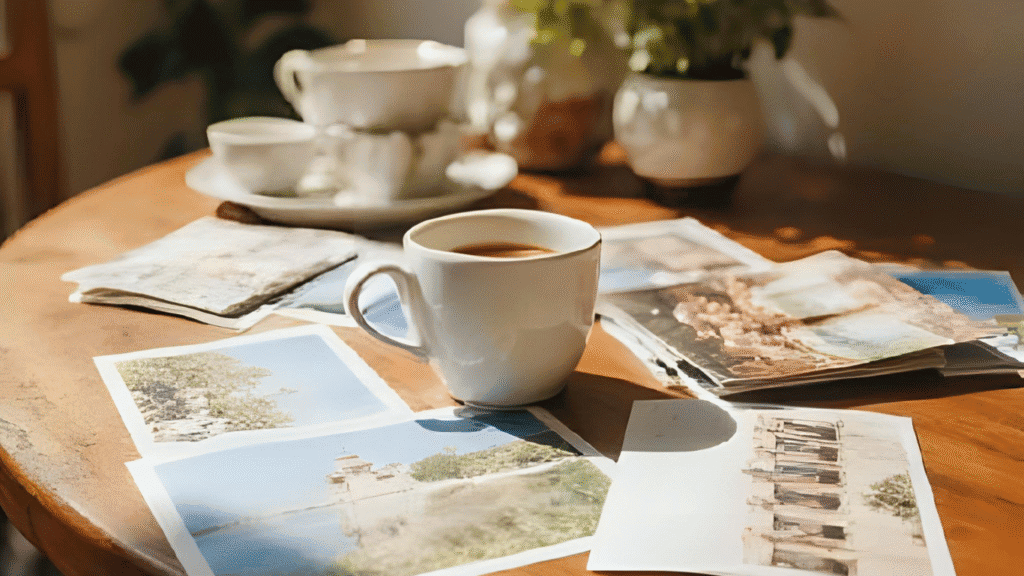 A warm, creative workspace with printed travel photos of Oman spread on a wooden table, sketchbook pages with notes, a magnifying glass, and a ceramic cup of coffee. Natural morning light. Clean, realistic photography style.