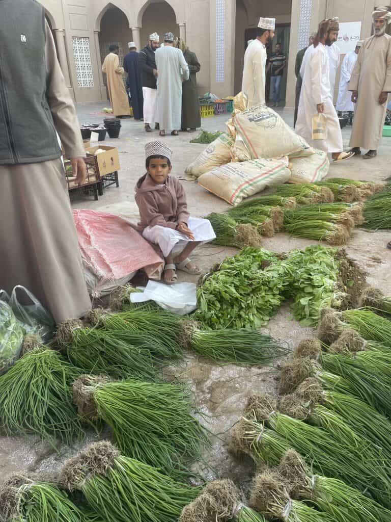 Young boy sitting beside bundles of fresh herbs and spring onions at the Nizwa vegetable souq.