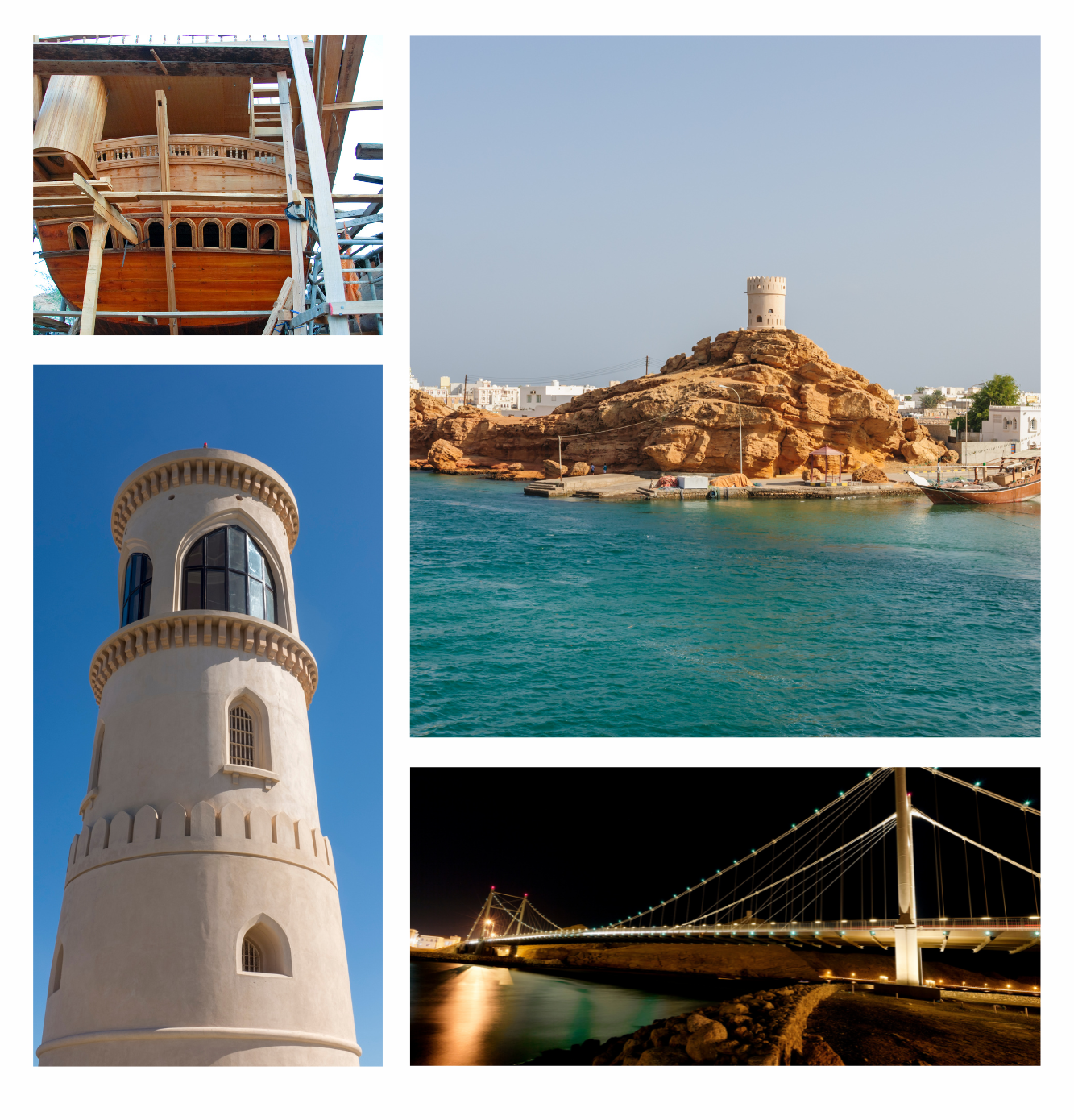 A collage showcasing the best things to do in Sur, Oman, including a traditional dhow under construction, a historic watchtower overlooking the sea, a modern lighthouse, and an illuminated cable-stayed bridge at night.