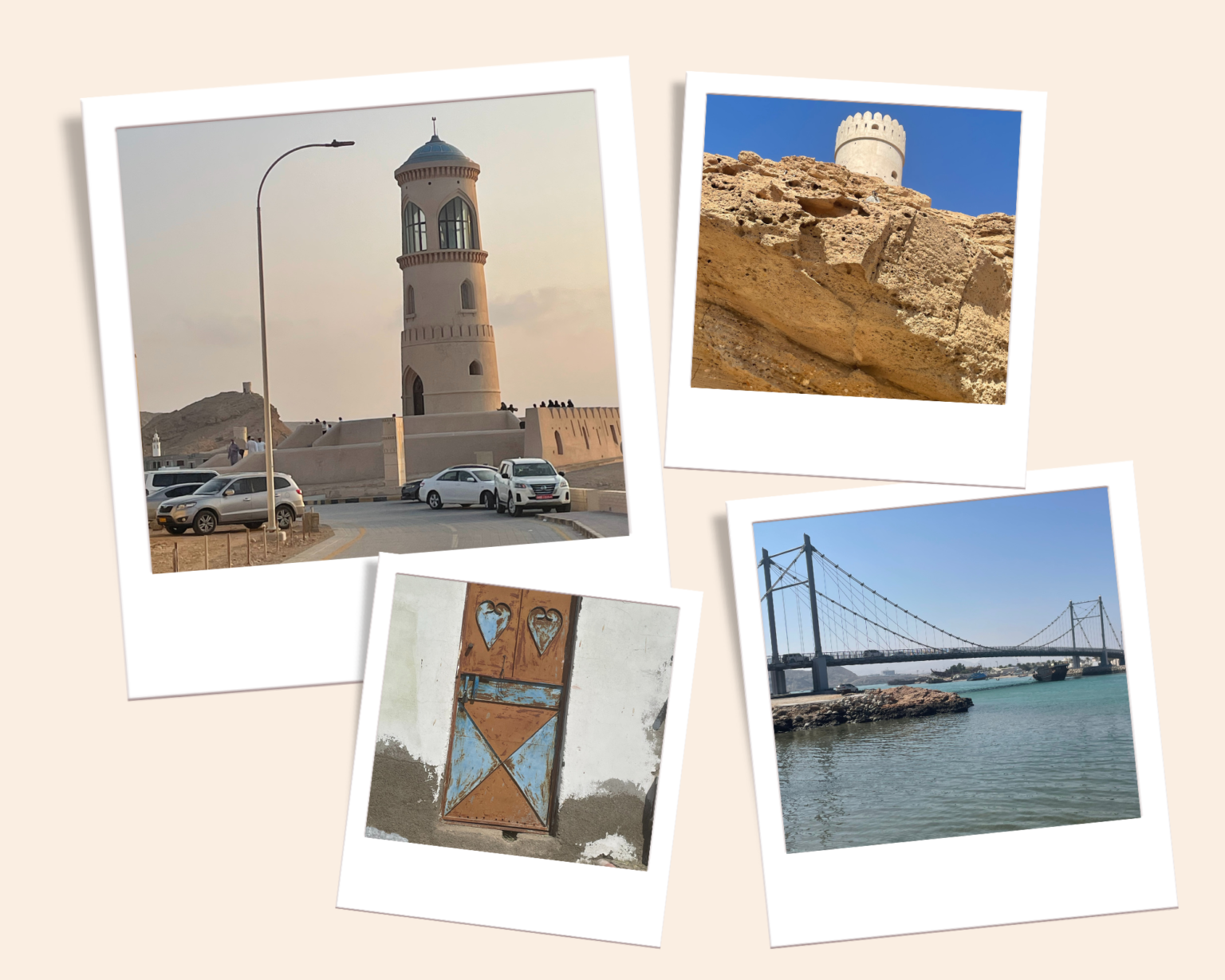 A collage of photographs taken in Al Ayjah, Sur: Ayjah lighthouse, a beautiful door, the watchtower and the bridge.